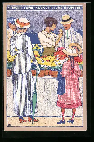 Künstler-AK Bern, Schweizer Landes-Ausstellung 1914, Blumenstand, Dame mit Schirm