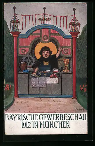 Künstler-AK München, Bayrische Gewerbeschau 1912, Müchner Kindl in einer Bude