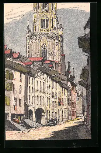 Künstler-AK Bern, Schweiz. Landesausstellung 1914, Strassenpartie mit Kirchturm