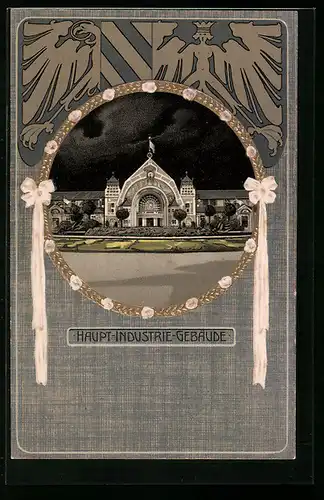 Präge-AK Nürnberg, Jubiläums-Landes-Ausstellung 1906, Haupt-Industrie-Gebäude bei Nacht, Wappen