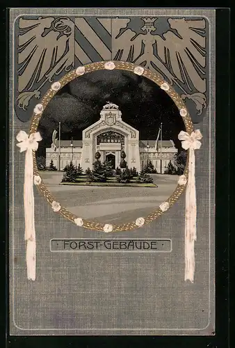 Präge-AK Nürnberg, Jubiläums-Landes-Ausstellung 1906, Forst-Gebäude bei Nacht, Wappen