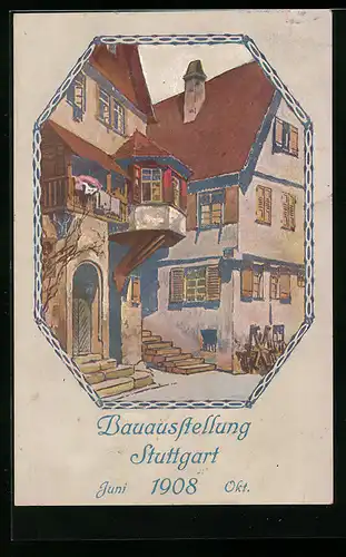 Künstler-AK Stuttgart, Bauausstellung 1908, Gebäudeansicht