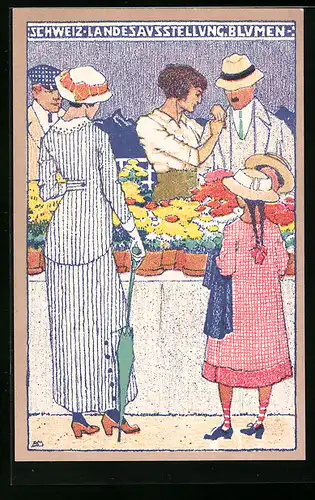 Künstler-AK Bern, Schweizer Landes-Ausstellung 1914, Blumenstand, Dame mit Schirm