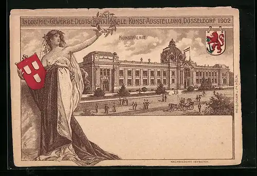 AK Düsseldorf, Industrie-Gewerbe-Deutsch-Nationale Kunst-Ausstellung 1902, Kunstpalast, Frau mit Wappen