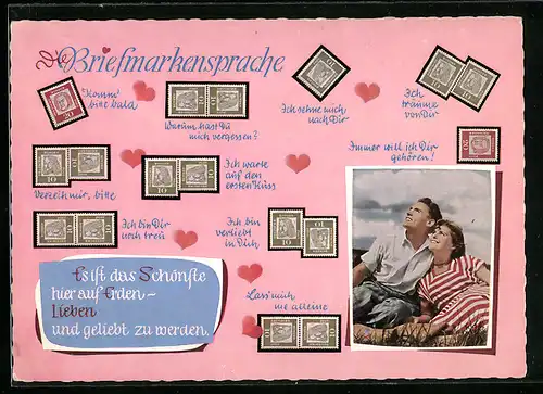 AK Briefmarkensprache, Verliebtes Paar schaut in den Himmel