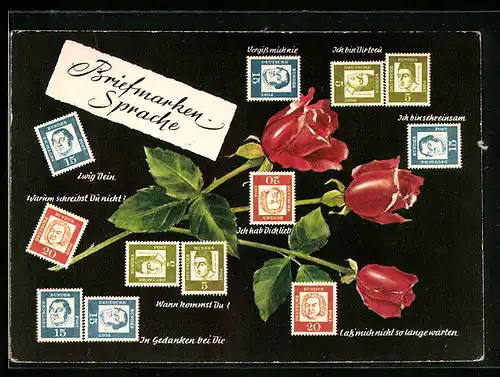 AK Briefmarkensprache, Blühende rote Rosen