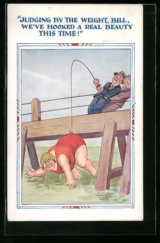 Künstler-AK Männer angeln eine übergewichtige Frau