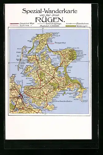 Künstler-AK Rügen, Landkarte mit Juliusruh, Bergen und Kloster Hiddensee