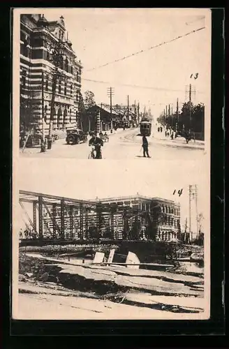 AK Yokohama, Erdbeben Mai 1923, Zerstörungen an der Brücke