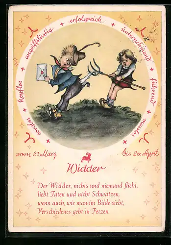 Künstler-AK Sternzeichen Widder, Mädchen zieht mit Mistgabel an einem Jungen