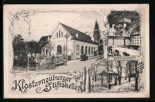 AK Klosterneuburg, Gasthaus Stiftskeller - Gebäude mit Strasse, Konventstüberl, Garten