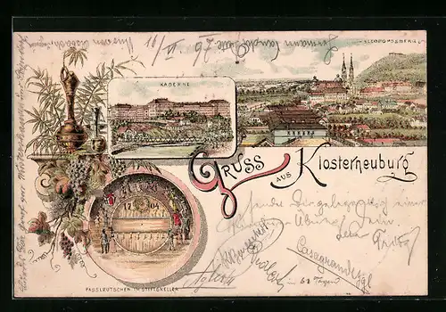 Lithographie Klosterneuburg, Gesamtansicht, Kaserne, Fasslrutscher im Stiftskeller