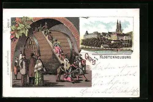 Lithographie Klosterneuburg, Teilansicht, Fasslrutscher im Stiftskeller