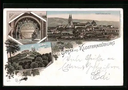 Lithographie Klosterneuburg, Leopoldsberg, Fassrutschen im Stiftskeller, Totalansicht