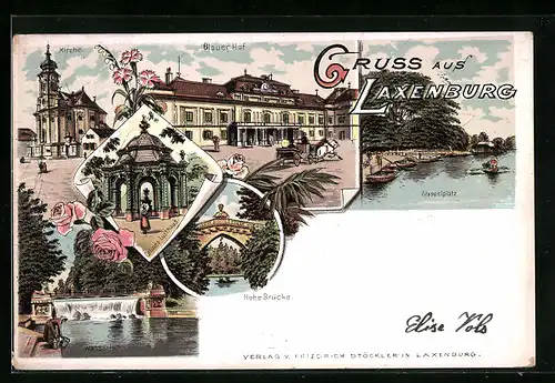 Lithographie Laxenburg, Blauer Hof, Kirche, Stappelplatz