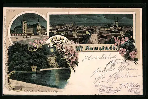 Lithographie Wiener Neustadt, Knott-Teich i.d. theresian. Militär-Akademie, Gesamtansicht