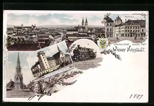 Lithographie Wiener Neustadt, Spinnerin am Kreuz, Militärakademie, Locomotiv- und Maschinenfabrik, Rathaus