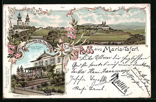 Lithographie Maria-Taferl, Veranda-Cafe A. Klaus, Nordansicht mit Alpenkette