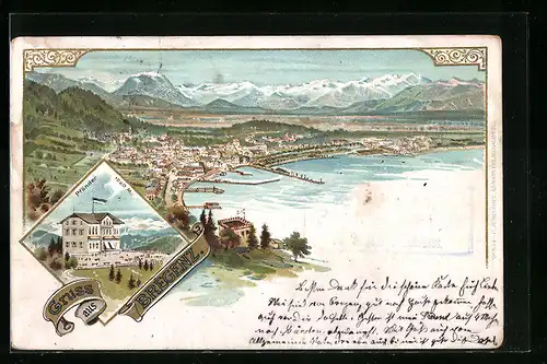 Lithographie Bregenz, Ortsansicht, Pfänder