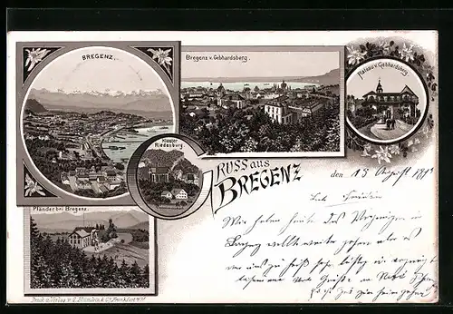 Lithographie Bregenz, Ortsansicht vom Gebhardsberg, Gesamtansicht, Hotel Pfänderspitze