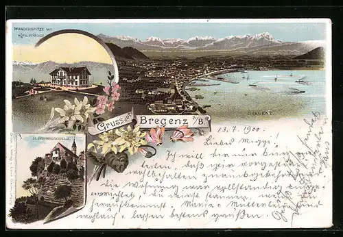 Lithographie Bregenz a. B., Gesamtansicht, St. Gebhardskapelle, Pfänderspitze mit Hotel