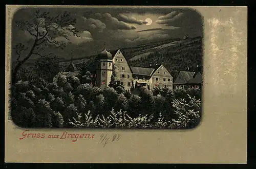 Lithographie Bregenz, Gebäude umgeben von Wald