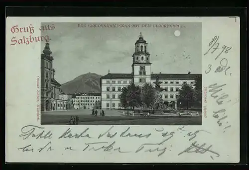 Lithographie Salzburg, Der Residenzbrunnen mit dem Glockenspiel