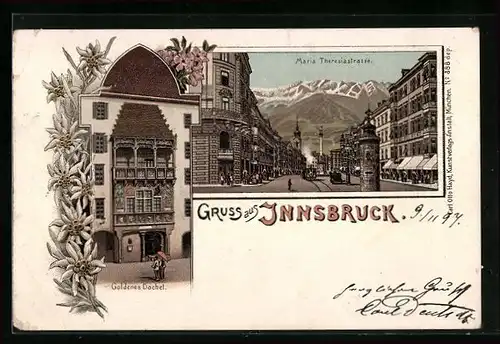 Lithographie Innsbruck, Maria-Theresien-Strasse, Haus Goldenes Dachel