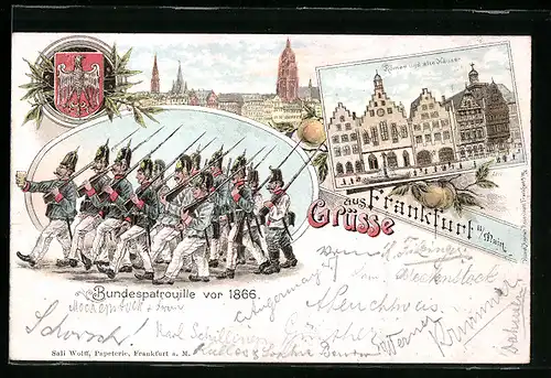 Lithographie Alt-Frankfurt, Bundespatrouille vor 1866, Römer und alte Häuser