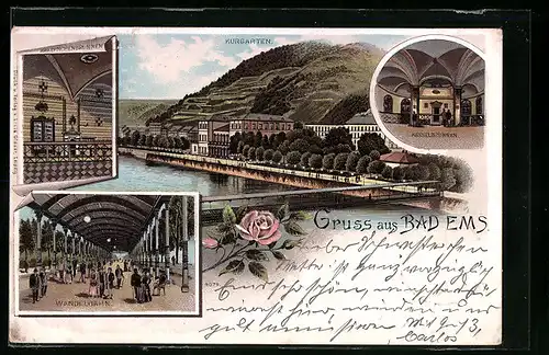 Lithographie Bad Ems, Kraehnchenbrunnen, Kurgarten, Kesselbrunnen, Wandelbahn