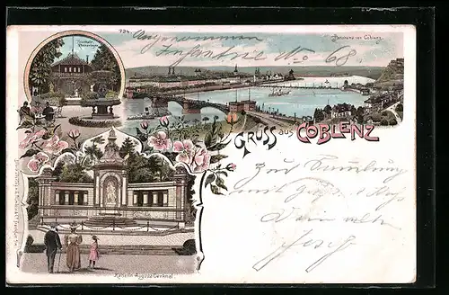 Lithographie Coblenz, Trinkhalle-Rheinanlagen, Kaiserin Augusta-Denkmal, Panorama