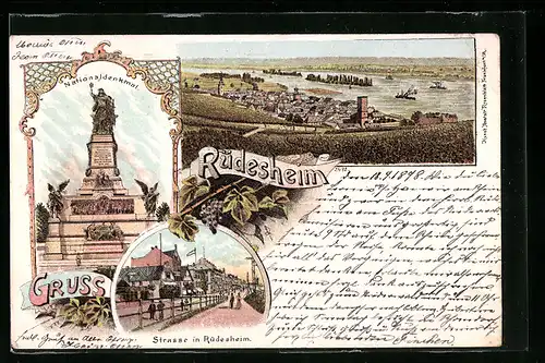 Lithographie Rüdesheim am Rhein, Totalansicht aus der Vogelschau, Nationaldenkmal, Strassenpartie