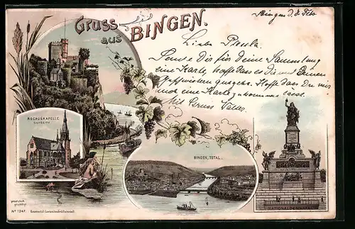 Lithographie Bingen, Nationaldenkmal, Rochuskapelle von Osten, Totalansicht