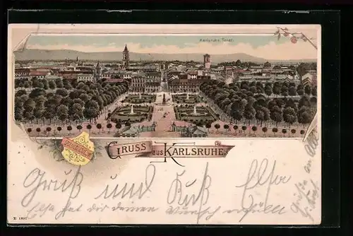 Lithographie Karlsruhe, Ortsansicht aus der Vogelschau