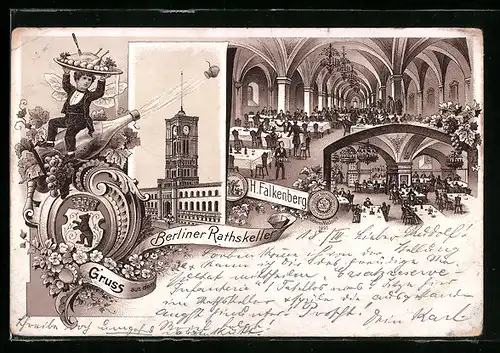 Lithographie Berlin, Gasthaus Berliner Rathskeller, Königstrasse, Rotes Rathaus