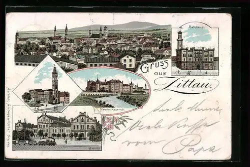 Lithographie Zittau, Rathaus, Mandaukaserne, Bahnhof, Totalansicht aus der Vogelschau