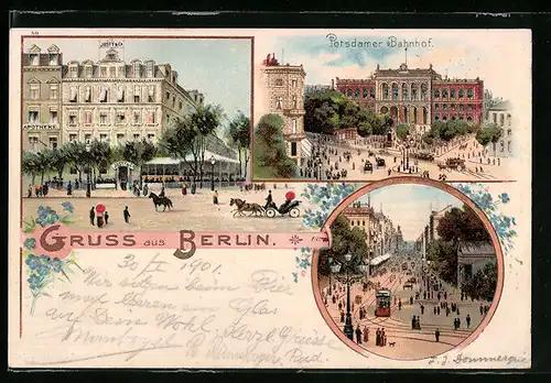 Lithographie Berlin, Gasthaus Josty & Co. und Apotheke, Potsdamer Bahnhof, Strassenpartie mit Strassenbahn