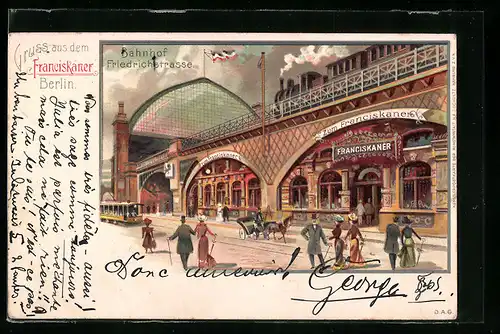 Lithographie Berlin, Gasthaus Zum Franciskaner am Bahnhof Friedrichstrasse