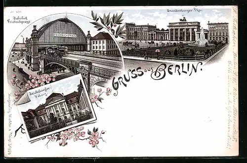 Lithographie Berlin, Bahnhof Friedrichstrasse und Brandenburger Tor