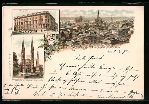 Vorläufer-Lithographie Wiesbaden, 1895, Ortsansicht, Königl. Schloss, katholische Kirche und Waterloosäule