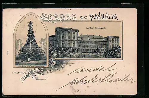 Lithographie Mannheim, Schloss Rheinseite u. Denkmal auf dem Paradeplatz
