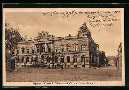 AK Weimar, Postamt, Schwanseestrasse und Handelskammer
