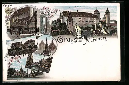 Lithographie Nürnberg, Bratwurst Gloecklein, Burg und Schöner Brunnen