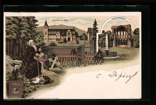 Lithographie Heisterbach, Ruine Heisterbach, Kirche