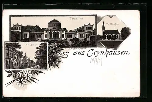 Lithographie Oeynhausen, Thermalbad, Ev. Kirche u. Kurpark