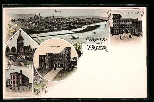 Lithographie Trier, Porta Nigra, Basilica und Igelsäule