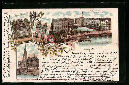 Lithographie Hamburg, Kriegerdenkmal, Neues Rathaus, Helgoländer