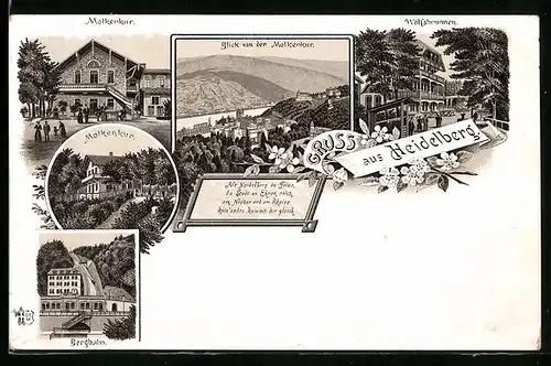 Lithographie Heidelberg, Molkenkur, Bergbahn und Wolfsbrunnen