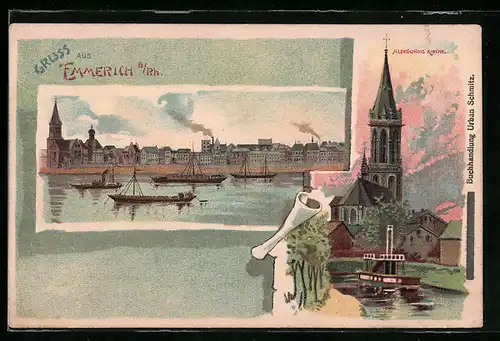 Lithographie Emmerich a. Rh., Rheinpartie u. Aldegundis Kirche