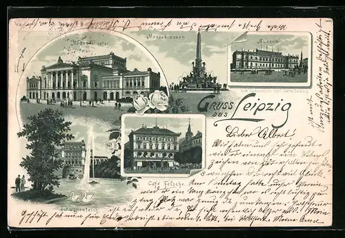 Lithographie Leipzig, Neues Theater, Cafe Felsche, Museum